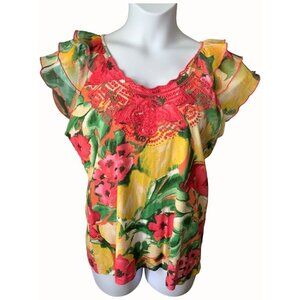 Caribbean Joe Floral Blouse Cotton Ruffle Sleeves Scalloped Neck Multicolor XL